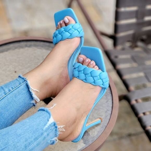 Blue Braided Square Toe Sandals Slip On - Picture 1 of 4